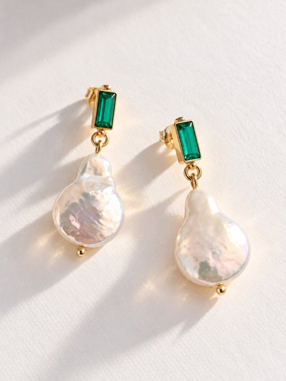 Anthropologie 18K Gold Emerald Crystal Baroque Pearl Drop Earrings NEW